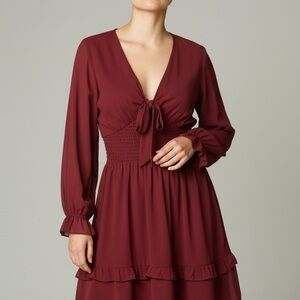 PrettyGarden Flirty Wine Red Mini Dress Tie V Neck Ruffled Long Sleeve NWOT XL